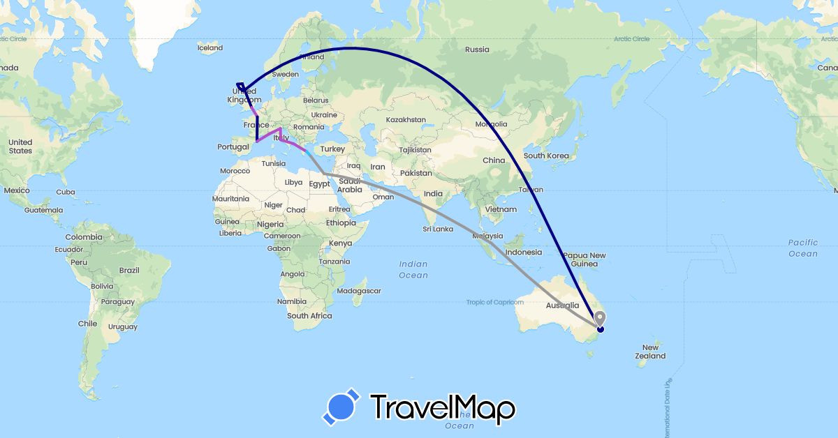 TravelMap itinerary: driving, plane, train, boat in Australia, Egypt, Spain, France, United Kingdom, Greece, Italy, Monaco, Singapore (Africa, Asia, Europe, Oceania)